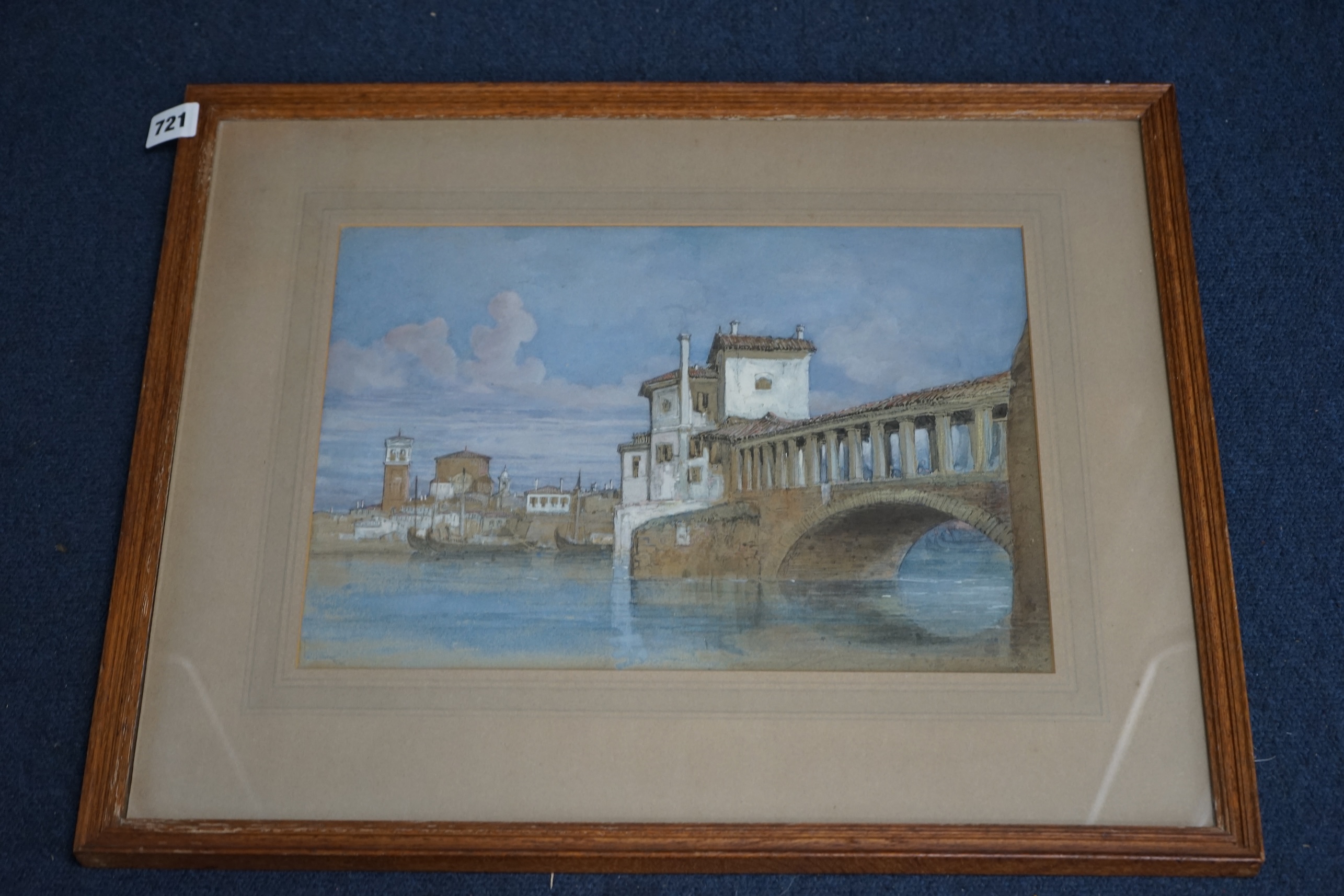 W. Clarkson Stanfield, heightened watercolour, 'The Bridge at Pavia', unsigned, label verso, 24 x 35cm. Condition - fair